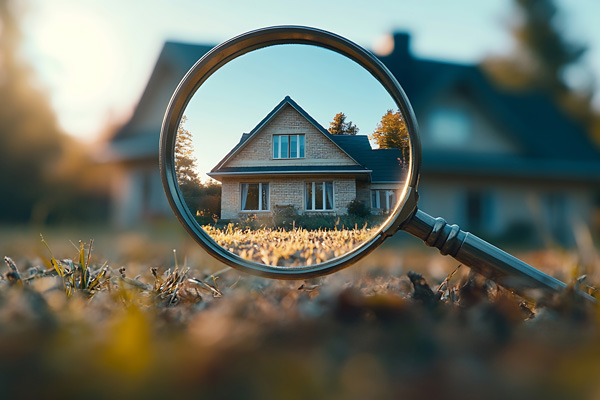 Lupe untersucht ein Haus zur Immobilienbewertung